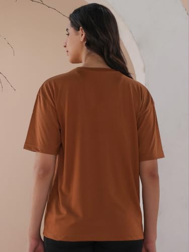 Image of CHKOKKO Oversized Round Neck Drop Shoulder Solid Polyester Full Sleeves T-Shirt for Women