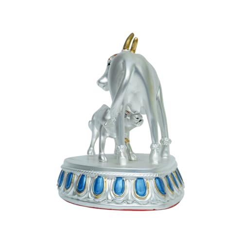 Image of Silver Plated Cow and Calf Idol | Satin Finish Holy Kamadhenu Statue on Royal Blue Base | Spiritual Decor for Home & Pooja Room | 15.3 x 9 x 12.3 cm