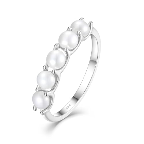 Freshwater Pearl Stackable Rings for Women 925 Sterling Silver 5 Pearls Diameter 4 mm Half Eternity Engagement Promise Wedding Band Rings Jewelry for Size 6-10