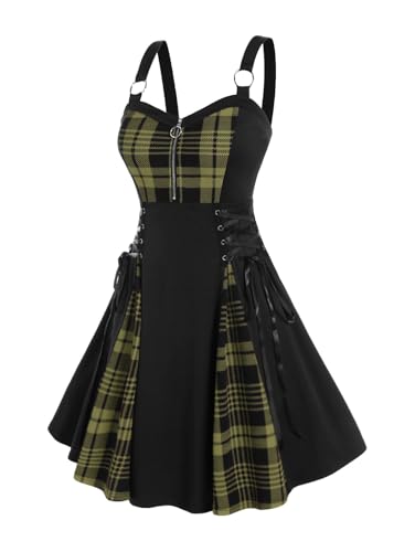 Rosegal Gothic-Kleid mit Schnürung, kariert, halber Reißverschluss, Passform und ausgestelltes Gothic-Kleid, Grün_4, 5X