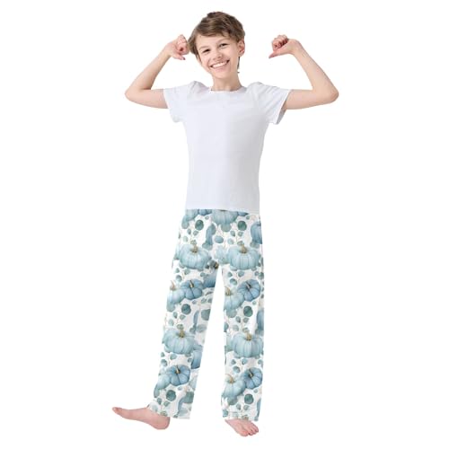 Pajama Pants Lounge Sleep PJ Bottoms Sleepwear Elastic Waist Drawstring S Blue Pumpkin Leaves3