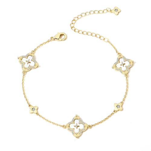 FEEL STYLE Clover Bracelet for Women - 14K Gold/Silver Plated Charm Bracelet with Mother of Pearl & Cubic Zirconia - Lucky Four Leaf Jewelry Gift Adjustable 6.5