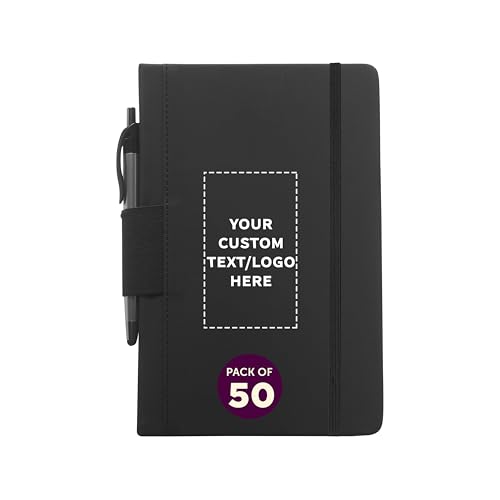 DISCOUNT PROMOS 50 Executive Notebooks with Pen Pack - Customizable Text, Logo - 6 x 8.5 inches, Recycled, Pen Loop, Closure Strap - Black