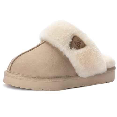 LazyStep Women's Cozy Fuzzy Memory Foam Slippers Indoor and Outdoor House Shoes(Nude, Size 9-10)