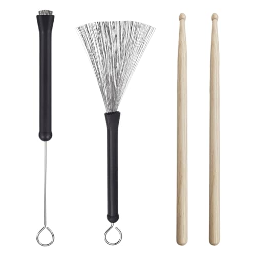 2 Cepillos Para Tambor Y 1 Par De Baquetas De Madera, Cepillos Para Tambor Retráctiles, Cepillos De Alambre De Mango Largo, Accesorios De Percusión