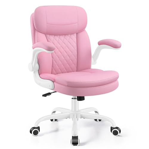 Leather Office Chair Upgraded PU Computer Desk Chairs with Double-Layer Seat Cushion and Neckrest 360Swivel Ergonomic Small Gaming Chair with Wheels and Adjustable Armrests for Short People Pink