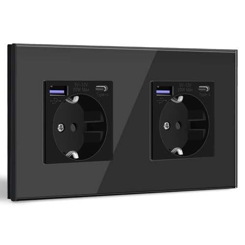 BSEED Schuko Steckdose mit USB C 20W Schnellladegerät USB Type C Wandsteckdose mit Glas Panel 2 Fach Steckdose USB Steckdose Unterputz Einbausteckdose Geeignet für Phone Pad MP3 und mehr-Schwarz