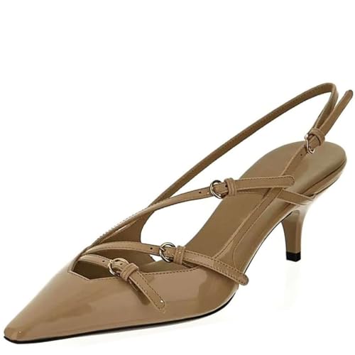 Divanne Slingback Heels for Women, Pointed Toe Kitten Heels Pumps Multi-Buckle Sling Back Shoes Low Heel Sandals Evening Party Wedding Shoes