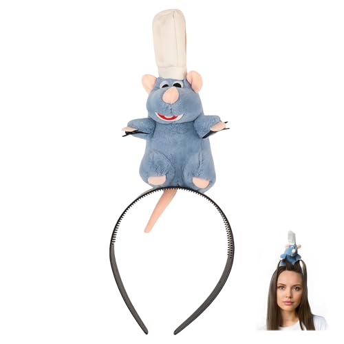 YUESE Funny Chef Mouse Headband for Adults Women Men Plush Rat Cooking Hairband Novelty Animal Headpiece Cosplay Costume Accessory for Halloween Christmas Party Cooking Theme Gifts