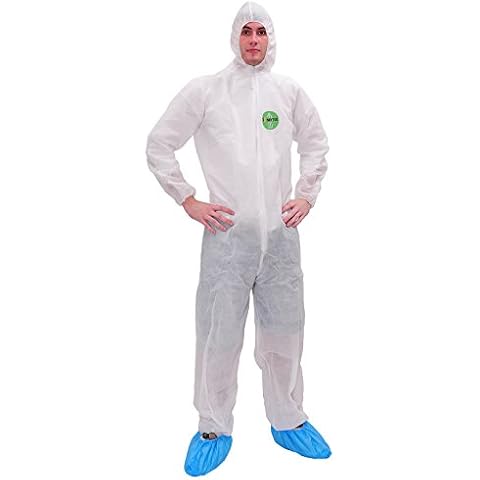 RAYGARD 30003 Disposable Protective Coverall Polypropylene Light Duty Suit Attached Hood Elastic Wrist, Ankles and Waist Serged Seam for Spary Painting Cleaning Food Cooking(X-Large,White) Cover