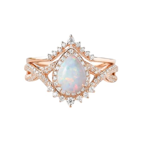 Ydd 18K Rose Gold 1.5Ct Pear Shaped Opal Engagement Rings For Women Opal & Moissanite Bridal Set Vintage Halo Infinity Ring Set 2Pcs Inspired V Shaped Wedding Band Anniversary Free Engraved #TOP10