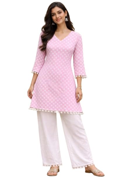 Image of Women Light Pink Polka Dotted Cotton Kurti | V-Neck, 3 /4 Sleeve, Pom-Pom Trim, A-Line Fit
