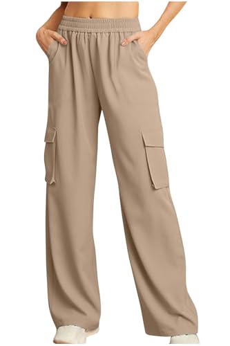 Women's Casual Wide Leg Cargo Pants Elastic High Waist Baggy Long Pants Teen Y2K Straight Trouser Streetwear