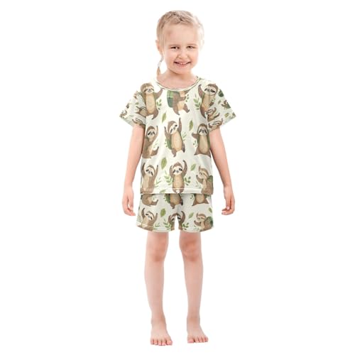 Sloth with Leaf Kids Pjs Set Boys Girls Summer Short-Sleeve Sleepwear Pajamas 2PCS3