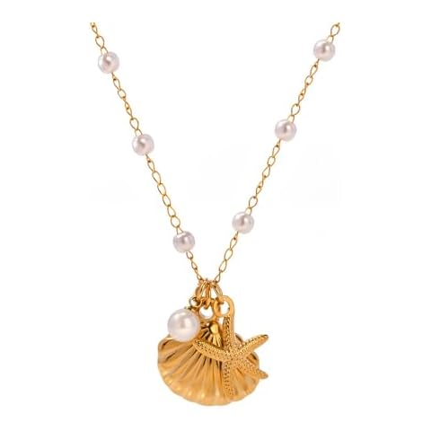 Charm Necklace for Women Pearl Starfish Seashell 14k Gold Summer Beach Surfer Jewelry Necklace Gifts (Seashell) Cover
