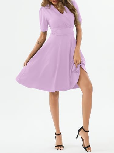Image of Women's Summer Casual Dress Short Sleeve Wrap V-Neck A-Line Dress Sundress Wedding Guest Cocktail Midi Dresses