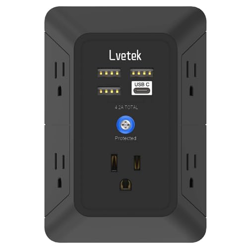 Surge Protector Outlet with 5-Multi Plug Outlet and 4 USB Ports (1 USB C), 3-Sided 1680J Power Strip Wall Charger for Home, Travel, Office - ETL Listed, Black