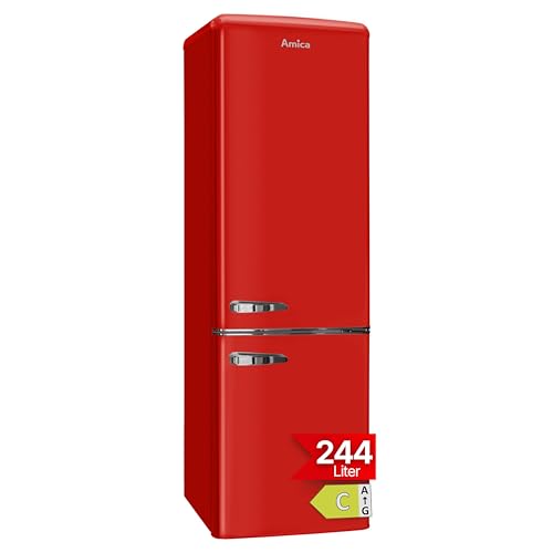 Amica Réfrigérateur autonome rétro avec congélateur - 244 l - Éclairage LED - Étagères en verre chromé - Grille à bouteilles - 181 x 55 x 62 cm -...