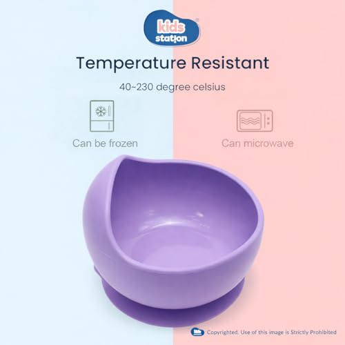 Image of Kids Station Easy to Carry Silicone Baby Feeding Set - Bowl - Spoon - Make Mealtime Fun and Easy - Tableware Meal Utensils for Kids with Suction - Baby Feeding Product - (Set of 2, Purple)