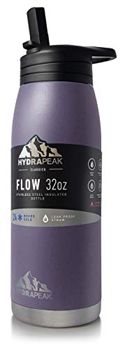 Hydrapeak Flow 32oz Stainless Steel Water Bottle  Vacuum Insulated Thermos  BPA-Free and Leak-Proof  Wide Mouth Flask with Bite Straw Non-Slip Handle  On The Go Personal Canteen Plum 32oz