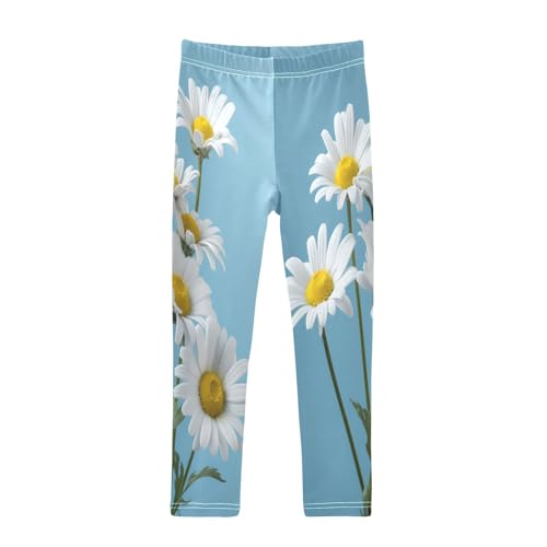 Toddler Girls Leggings Printed Yoga Pants Leggings White Daisy Bule Background for Kids