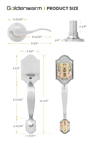 Image of goldenwarm Front Door Handle, Nickel, Single Cylinder, Reversible Lever, Adjustable, 11 x 2 inches, 2.67 lbs, Stainless Steel, Brushed Finish, Entry Way Handleset