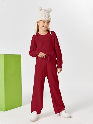 Image of Haloumoning Girls 2 Piece Outfits Kids Long Sleeve Crewneck Sweater Drawstring Wide Leg Long Pants Sweatsuits Sets 5-14T
