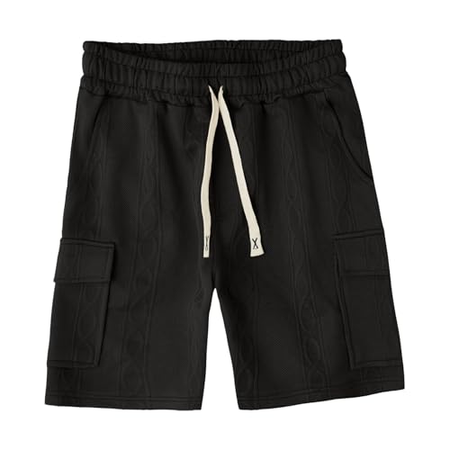 Image of Men's Cargo Shorts Casual Elastic Waist Drawstring Textured Lightweight Summer Comfy Beach Shorts Multi Pockets