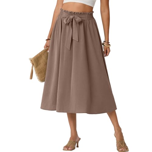 Lepunuo Women's Flowy High Waisted A-Line Midi Skirt Summer Casual Boho Style with Pockets for Beach Vacations