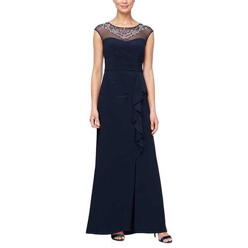 Image of Alex Evenings Women's Long A-line Mother of The Bride Dress with Illusion Neck and Sleeves (Petite and Regular Sizes)