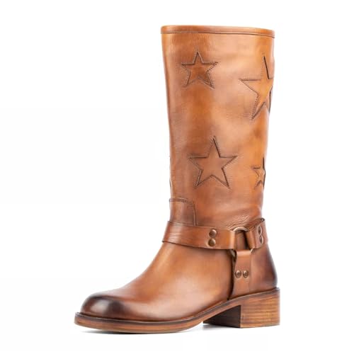 Image of Goolita Women's Buckle Biker Knee High Boots Square Toe Chunky Heel Star Moto Mid Calf Boots Slip On Motorcycle Riding Boot