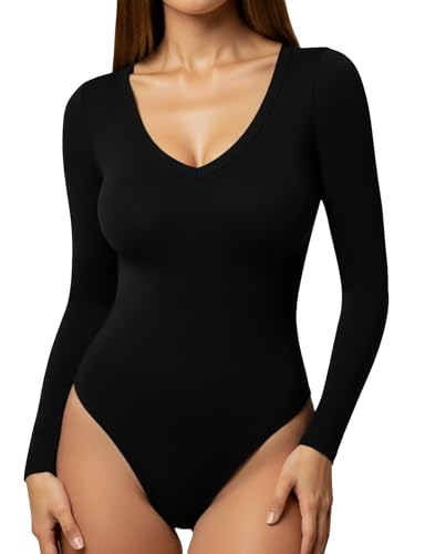 YOGINGO Women's Long Sleeve Deep V Neck Bodysuits Tops Going Out Body Suits for Women Fashion Tank Top Leotards Outfits Jumpsuits Halloween Fall Dupe Tummy Control Clothes Low Back Black S