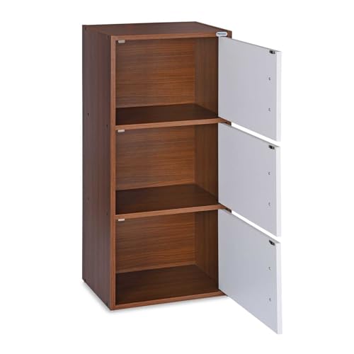 Image of Nilkamal Sear 3 Tier Wooden Storage Cabinet | Free Standing Book Shelf with 3 Doors & 3 Spacious Shelves | Engineered Wood | Organizer for Home & Office | Classic Walnut & White | DIY(Do It Yourself)