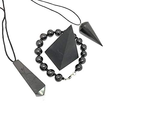 Karelian Heritage Authentic Shungite Stone Pendant and Black Crystal Pyramid Protection Set (4 Items) S010