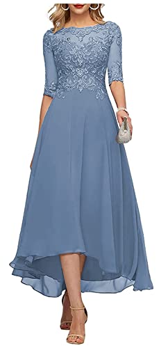 Boat Neck Tea Length Mother Of The Bride Dresses For Women Lace Applique Stormy Blue High Low Chiffon Formal Dress With Sleeves Size 16 #TOP1