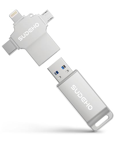 MFi Certified Photo Stick 128GB USB Flash Drive for iPhone, 4 in 1 External Memory Thumb Drive for Picture Video Saver and Backup, High Speed Memory Stick USB Drive for iPhone/iPad/Android/PC (Silver)