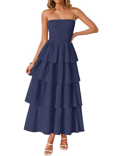 Image of ZESICA Women's Summer Boho Strapless Maxi Dress 2026 Casual Sleeveless Off Shoulder Smocked Tiered Beach Long Sundress