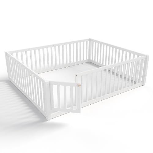 Image of Bellemave Queen Size Kids Montessori Floor Bed with Door,Solid Wood Floor Bed Frame with High Fence for Girls,Boys,White