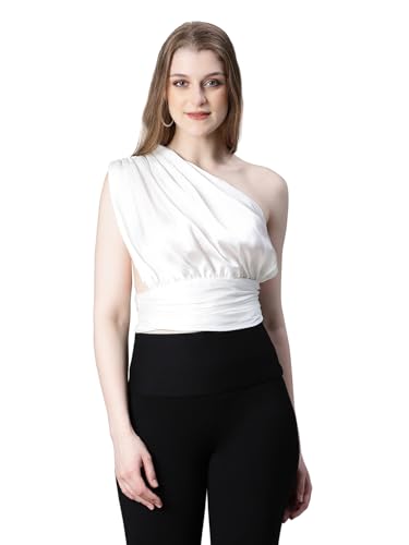 Image of oxolloxo Women Solid Elasticated One-Off Shoulder Satin Crop Top