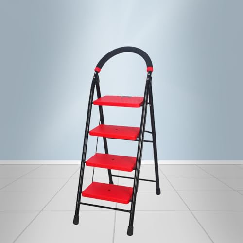Image of CIPLA PLAST 4 Steps Super Milano Heavy Duty Ladder for Home Premium Alloy Steel Folding 4 Step Ladder for Home, Wide Anti-Skid Steps (Black & RED) GEC-L4(SM) (Large)