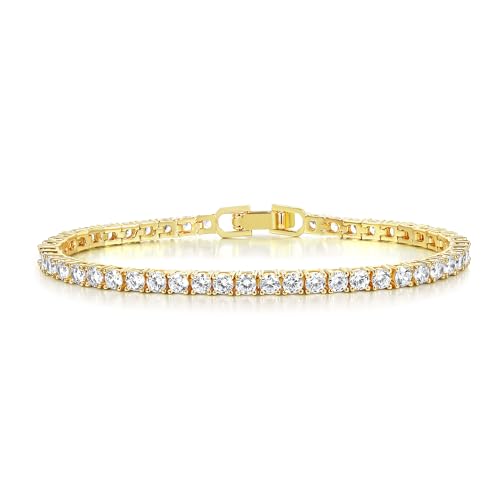 Gemsme 4 Prong Tennis Bracelet, 18K White/Yellow Gold Plated 3mm Round Cubic Zirconia Bracelet for Women Size 6-8.5 Inch