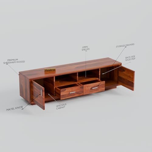 Image of Premium Solid Sheesham Wood TV Unit with 2 Drawers, 2 Shelves, and 2-Door Storage - Accommodates up to 65-Inch TV - Ideal for Living Room (Crimson, Honey Finish)