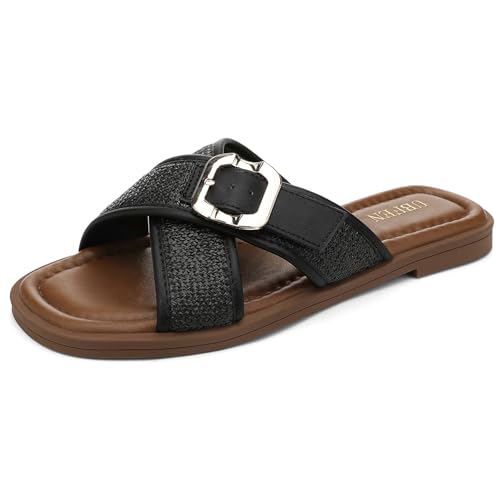 Image of UBFEN Womens Square Toe Flat Sandals Slides Dressy Comfortable for Beach