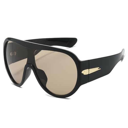 YAMEIZE Occhiali da Sole Pilota Oversize Retrò Donna Uomo Grandi Occhiali da Sole Rotondo Grande Telaio (Champagne Nero)