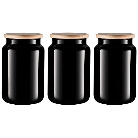 TREND FOR HOME Vorratsgläser 900 ml Set von 3 Vorratsdosen Schwarz Glas Glasbehälter mit Deckel aus Holz Behälter Cover