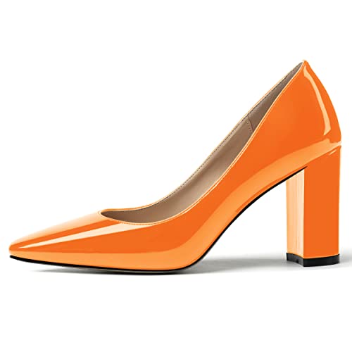 MERRORI Womens Shoes Slip On Solid Square Toe Patent Block Chunky High Heel Pumps Shoes 3.3 Inch2