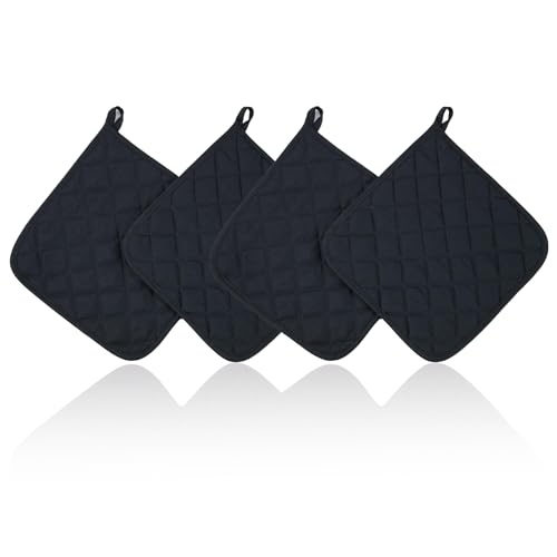 4 Stück Topflappen Baumwolle, 17x17CM Topflappen mit Tasche Hitzebestaendig Topflappen, Gegen Hohe Hitze Kitchen, Waschbare und Rutschfesten für Öfen, Kuche Backe, Schwarz