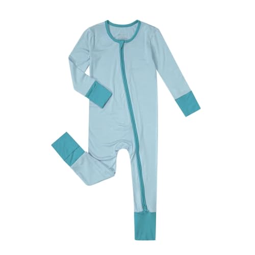 Image of Teach Leanbh Unisex Baby Bamboo Viscose Pajamas with Mittens and Feet Cuffs Soild Printing 2 Way Zipper Long Sleeve Romper