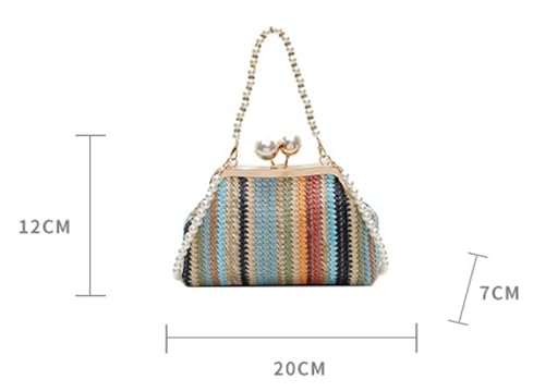 Straw Woven Shell Bag Women Kiss Lock Pearl Top Handle Handbag Summer Colorful Rainbow Striped Shoulder Tote 7