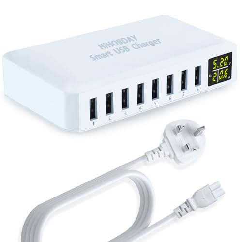 HIHOBDAY 60W 8-Port GaN Charging Station USB Fast Charger Plug with Display Compatible with iPhone Samsung Huawei Series and More (White)